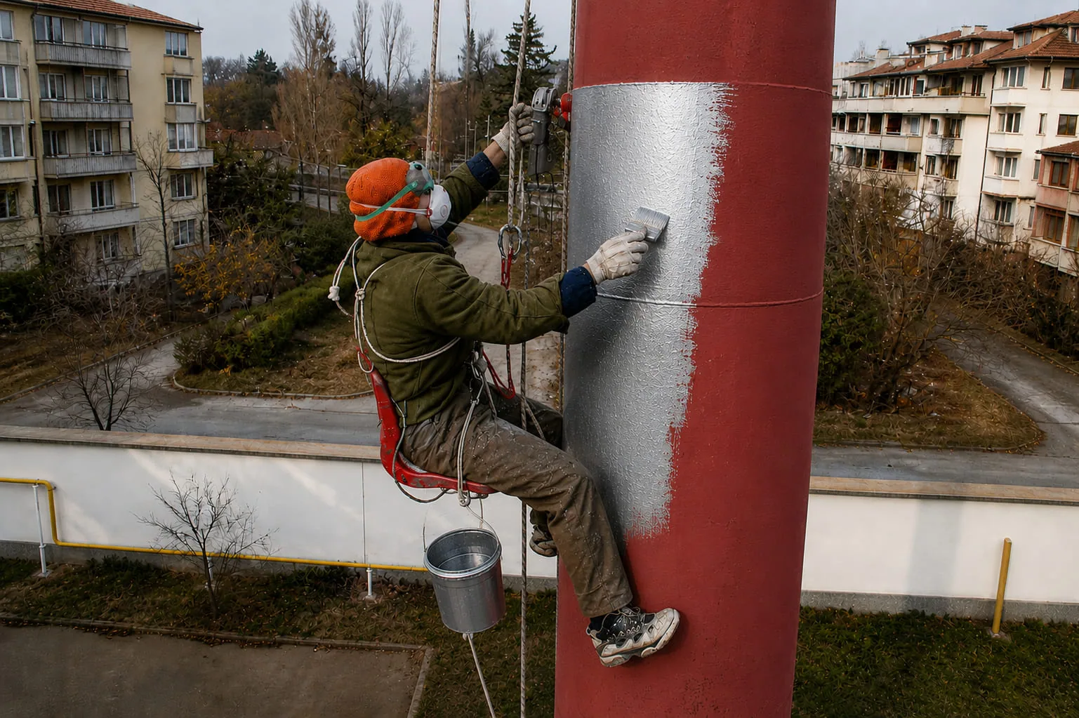 Técnico pintando una chimenea industrial desde cuerdas